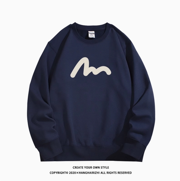 2025春秋款藏蓝色卫衣男圆领潮牌上衣宽松冬季加绒加厚无帽外套潮