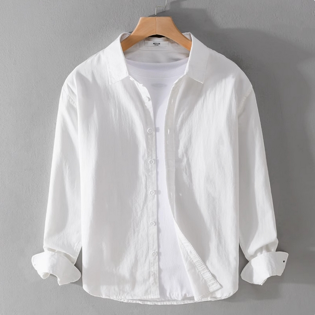 罗蒙男士休闲长袖衬衫日系纯色简约百搭上衣服春秋季纯棉衬衣外套