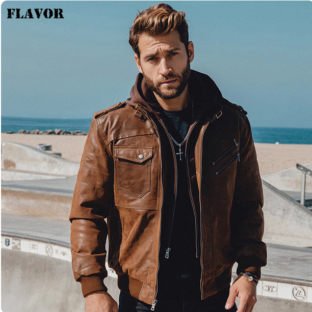 海宁真皮机车皮衣男短款连帽加棉休闲商务皮夹克